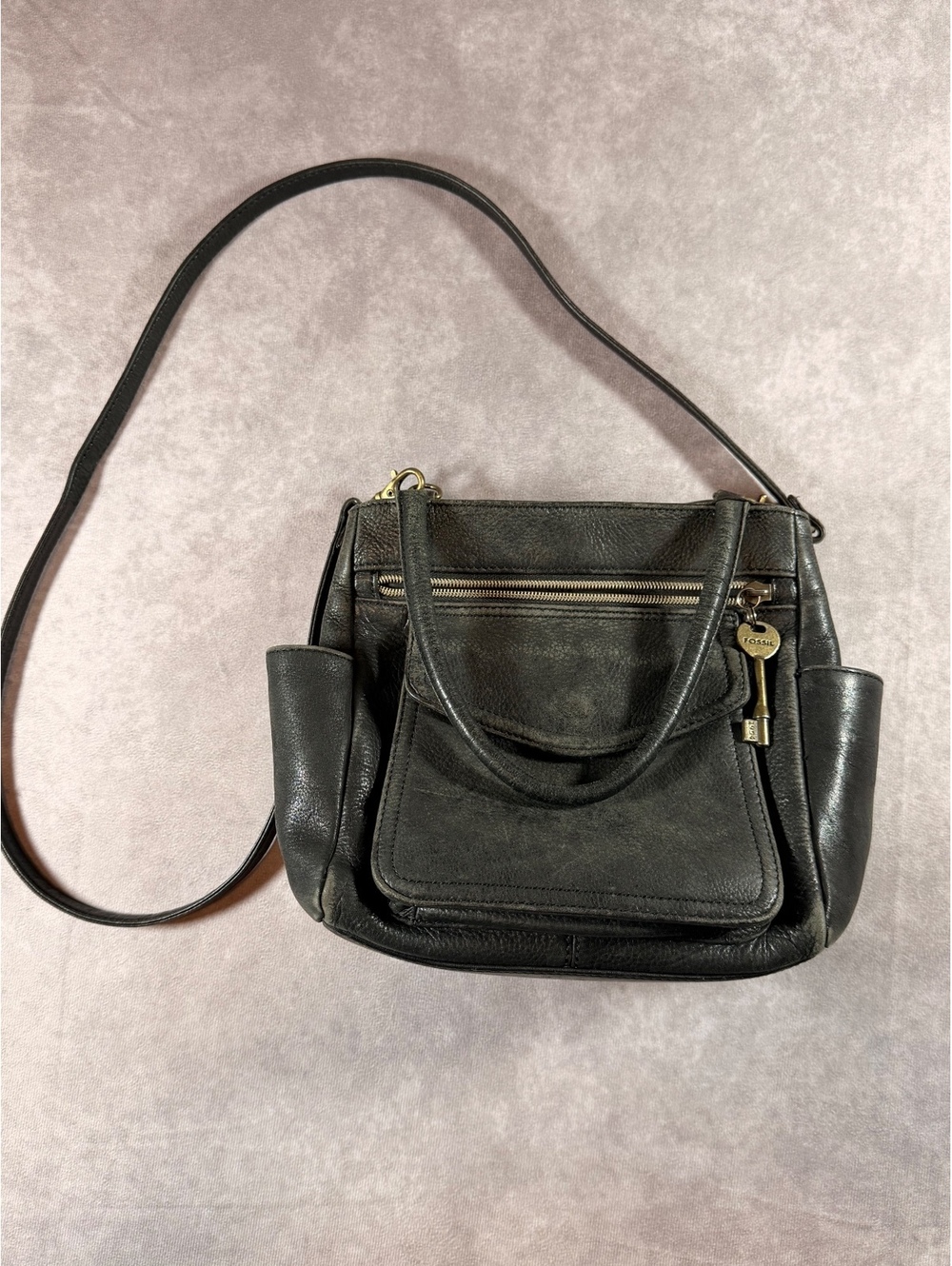 Vintage Fossil Black Leather Shoulder Bag with Key Charm